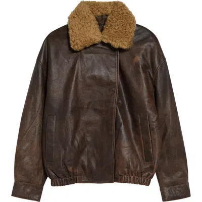 R13 Leather Bomber Jacket With Removable Genuine Shearling Collar In Brown