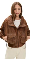 R13 Leather Shirred Oversized Bomber Jacket Brown In Brown