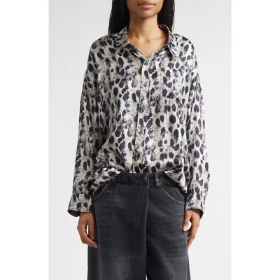 R13 Leopard Print Drop Neck Silk Button-up Shirt In Black