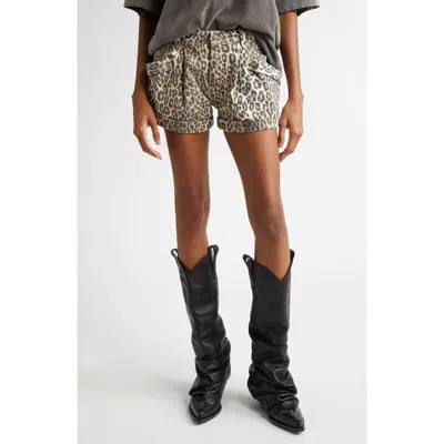 R13 Leopard Print Pleated Pouch Pocket Denim Shorts In Beige