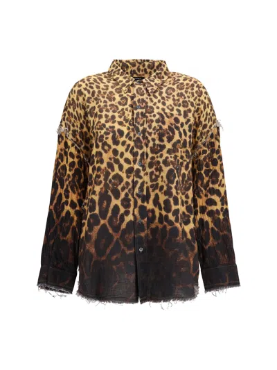 R13 Leopard-print Dipped Denim Shirt In Brown