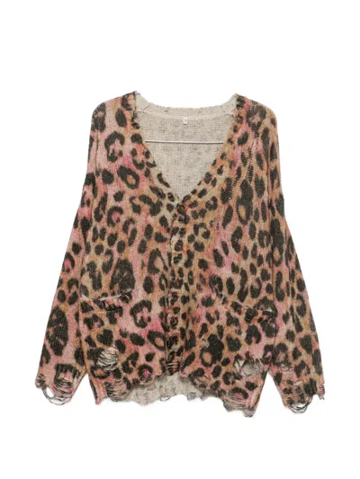 R13 Distressed Animal-print Cashmere Cardigan In Multi