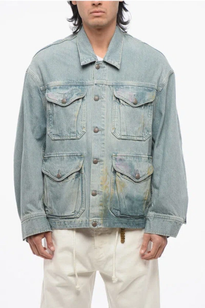 R13 Light Washed Denim Jacket With Paint Details In Blue