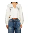 R13 New York Cropped Crew Neck Sweatshirt With Front Slit Ecru In White