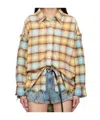 R13 Shredded Seam Drop Neck Plaid Flannel Button-up Shirt In Light Blue/yellow Pl