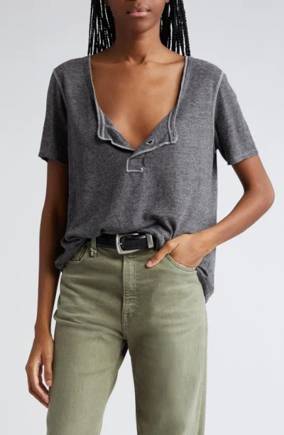R13 Low Neck Linen Blend Henley In Charcoal