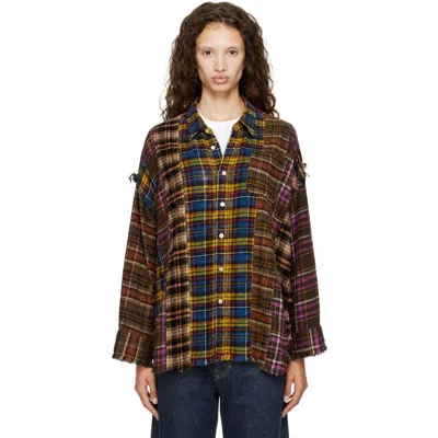 R13 Multicolor Spliced Drop Neck Shirt In Blue Multi Plaid