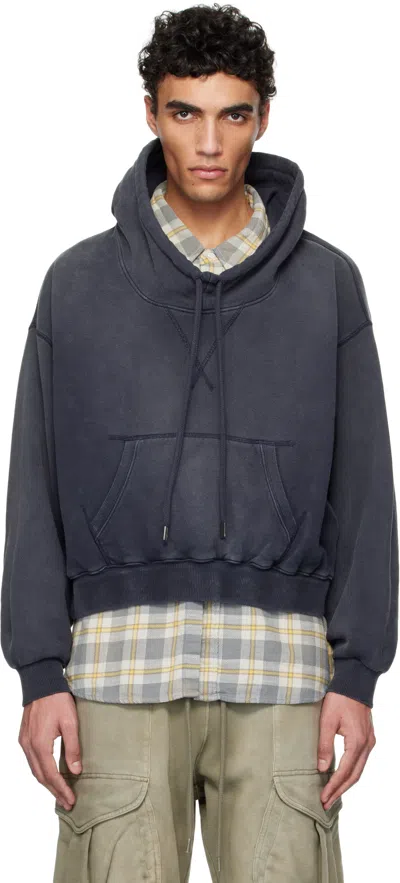 R13 Navy Funnel Neck Cropped Popover Sweatshirt