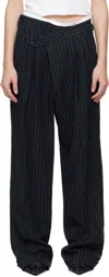 R13 Navy Triple Pleat Crossover Trousers In Dark Navy Stripe