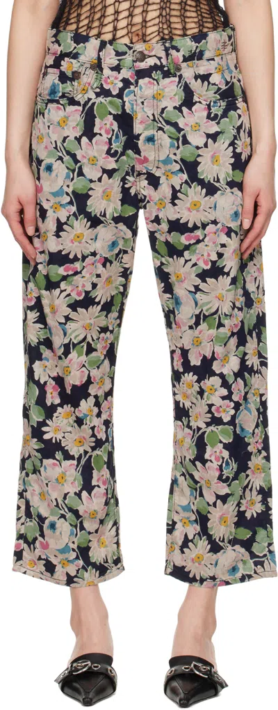 R13 Navy X-boyfriend Jeans In Layered Black Floral
