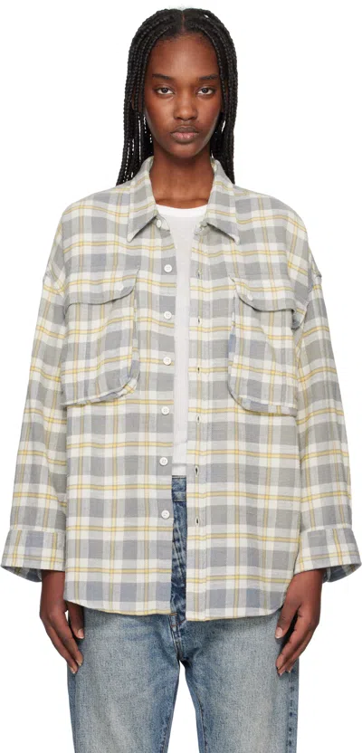 R13 Off-white & Yellow Oversized Pocket Drop Neck Shirt In Cream/blue Plaid