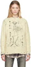 R13 Destroyed Pullover With Skeleton Print. In Cream