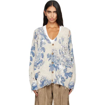 R13 Off-white & Blue Printed Oversized Cardigan In Faded Blue Floral Co