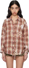 R13 Shredded-seam Drop-neck Shirt In Orange Plaid With Pa