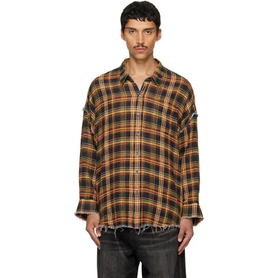 R13 Orange Shredded Seam Drop Neck Shirt In Brown Orange Plaid
