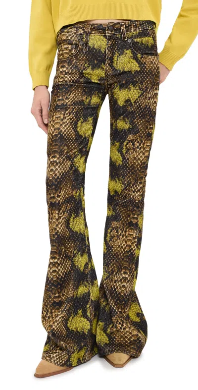 R13 Overflow Boy Corduroy Flare Pants Brown Green Snake Stretch In Pink