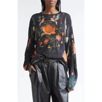 R13 Oversize Distressed Floral Sweater In Black