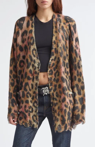 R13 Oversize Distressed Leopard Print Cashmere Cardigan In Brown
