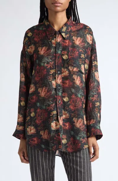 R13 Oversize Drop Neck Floral Wool & Silk Blend Button-up Shirt In Multi