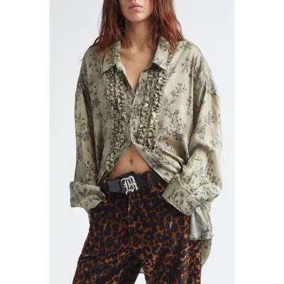 R13 Oversize Drop Neck Ruffle Front Button-up Shirt In Green