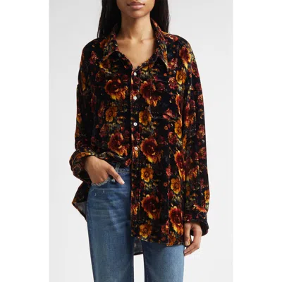 R13 Oversize Floral Drop Neck Velvet Button-up Shirt In Multi