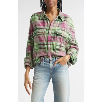 R13 Oversize Fray Hem Plaid Button-up Crop Work Shirt In Multi