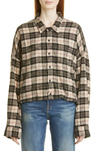 R13 Oversize Plaid Gathered Hem Work Shirt In Beige/black Plaid