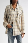 R13 Oversize Pocket Drop Neck Flannel Button-up Shirt In Cream/blue Plaid
