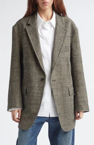 R13 Oversize Ragged Houndstooth Linen & Virgin Wool Blazer In Gray