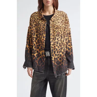 R13 Oversize Shredded Seam Drop Neck Leopard Print Button-up Shirt In Brown