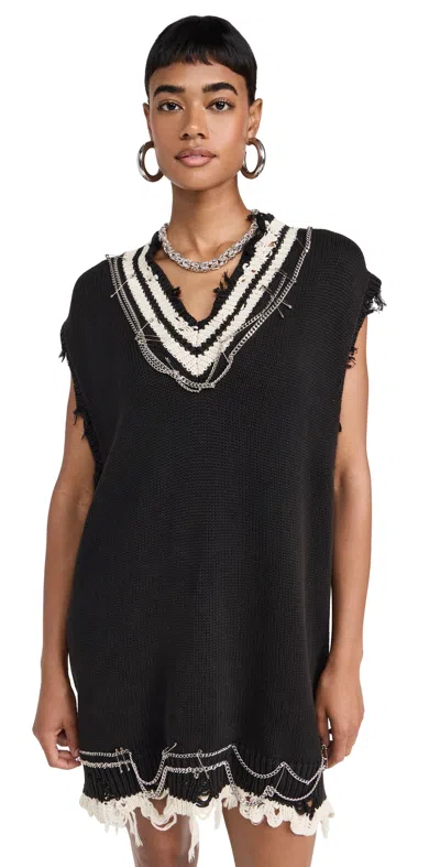 R13 Oversized Waistcoat Dress With Chains Black And Ecru With Chains In Black & Ecru