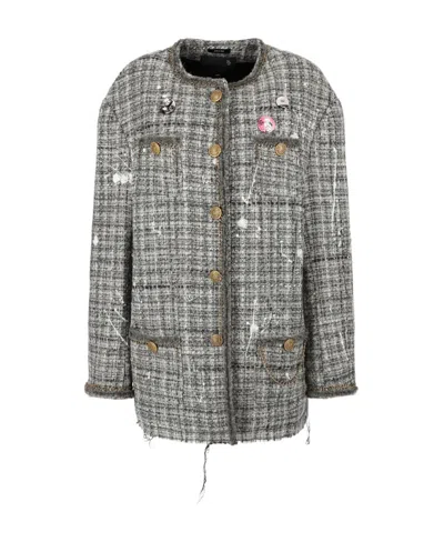 R13 Paint-splatter Buttoned Tweed Jacket In Gray