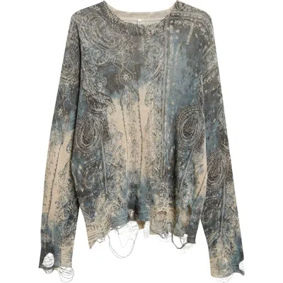R13 Boyfriend Distressed Printed Linen Knit Sweater In Gray