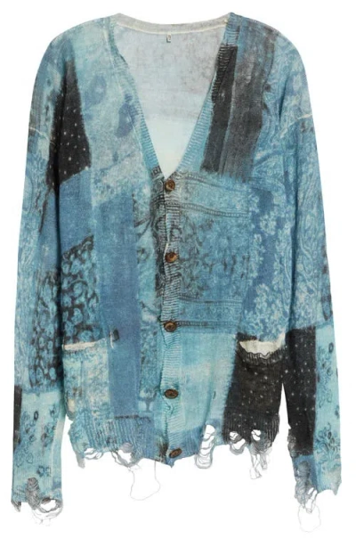 R13 Paisley Ripped Linen Sweater In Blue