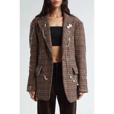 R13 Pinchushion Plaid Embellished Blazer In Brown Plaid