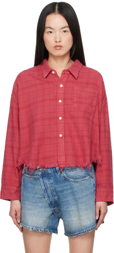R13 Pink Drop Neck Cropped Shirt In Overdyed Fuxia Plaid