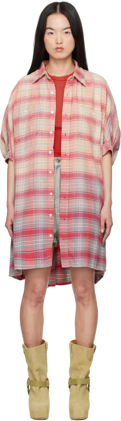 R13 Oversize Boxy Plaid Cotton Flannel Shirtdress In Bleached Out Pink/grey Plaid