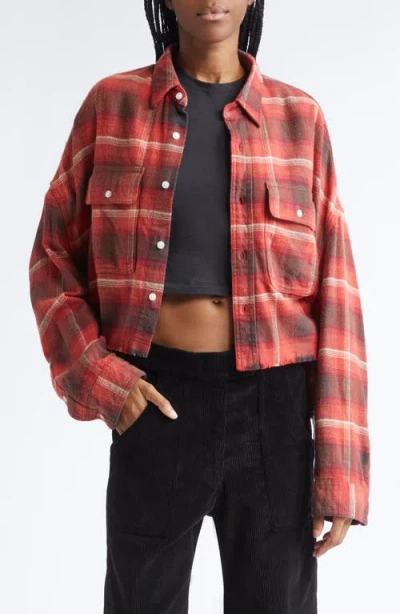 R13 Plaid Cotton Flannel Crop Work Shirt In Red