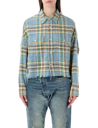 R13 Plaid Frayed Shirt In Blue