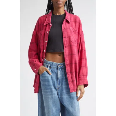R13 Plaid Oversize Drop Neck Cotton Flannel Button-up Shirt In Red