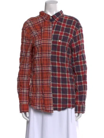 Pre-owned R13 Plaid Print Mock Neck Button-up Top In Red