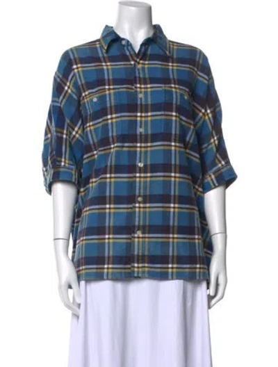 Pre-owned R13 Plaid Print Short Sleeve Button-up Top In Blue