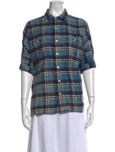 Pre-owned R13 Plaid Print Short Sleeve Button-up Top In Blue