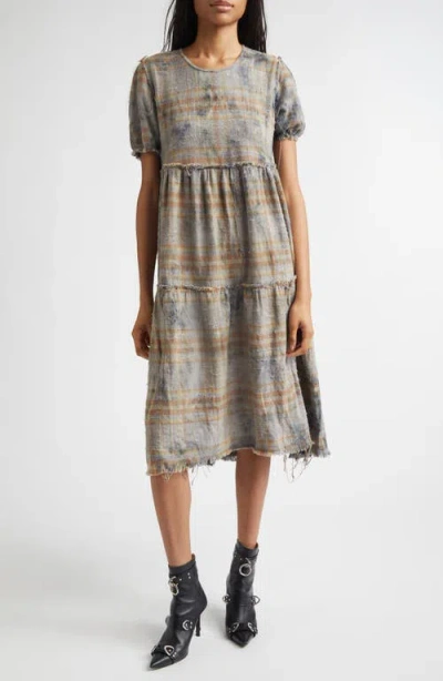R13 Plaid Shredded Relaxed Cotton Flannel Midi Dress In Gray