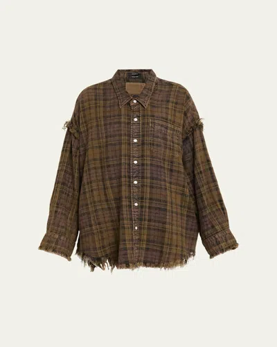 R13 Plaid Shredded Seam Long-sleeve Shirt In Brown