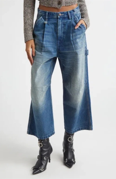 R13 Pleated Crop Wide Leg Carpenter Jeans In Blue