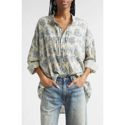 R13 Pleated Front Floral Button-up Shirt In Blue