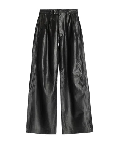 R13 Pleated Wide Leg Leather Trousers In Black
