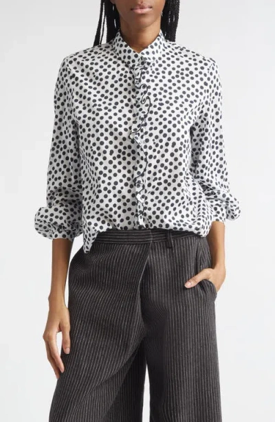 R13 Polka Dot Ruffle Trim Button-up Shirt In White