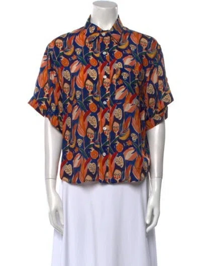 Pre-owned R13 Printed Short Sleeve Button-up Top In Blue